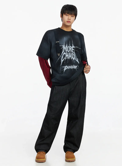 mens-black-vintage-graphic-layered-long-sleeve-tee-ij527 / Black