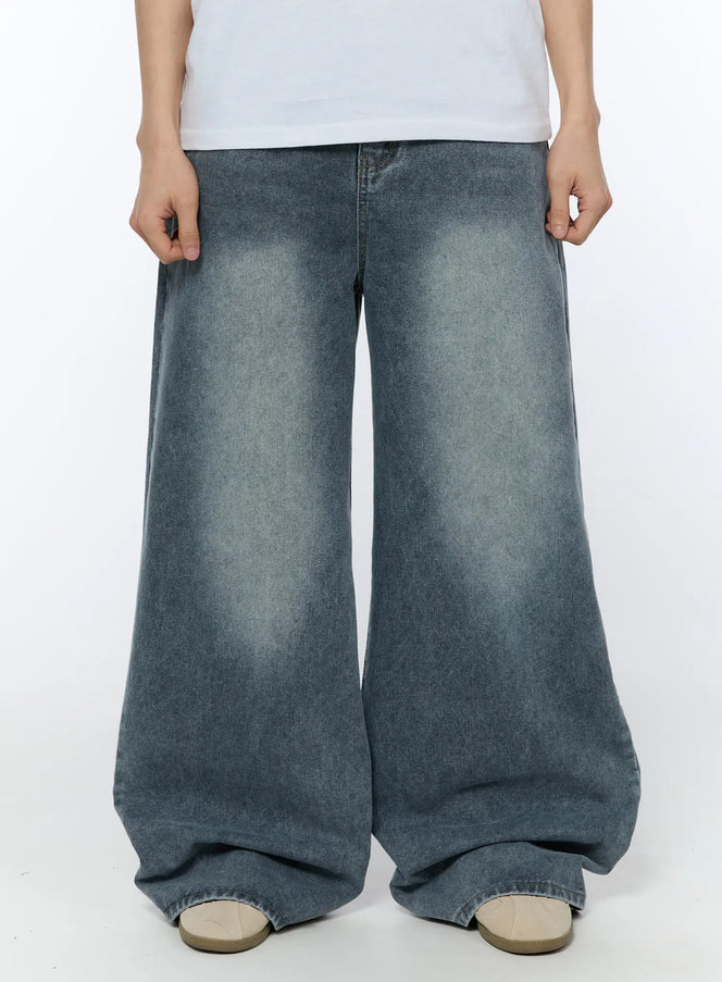 mens-wide-leg-washed-jeans-ia517 / Blue