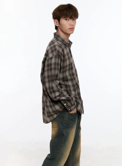 mens-plaid-button-up-shirt-in512 / Brown