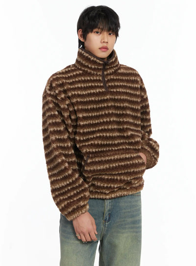 mens-warm-fleece-striped-quarter-zip-up-ij512 / Brown
