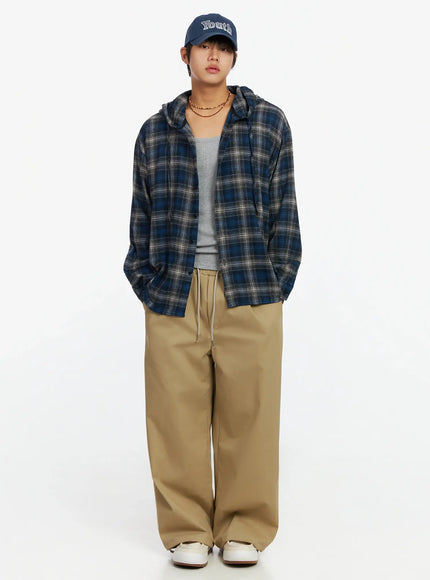 mens-vintage-plaid-hooded-flannel-ij527 / Dark blue