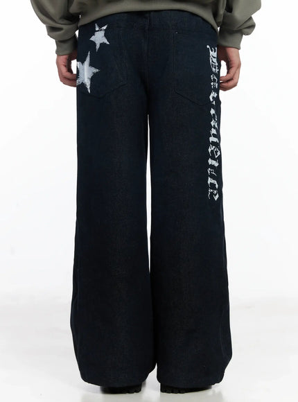 mens-street-style-lettered-wide-jeans-ij521 / Dark blue