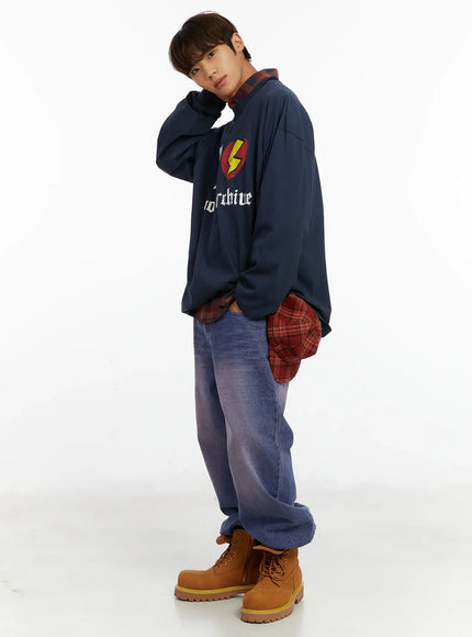 mens-graphic-bold-oversized-long-sleeve-shirt-id523 / Dark blue