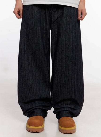 mens-stripe-wide-leg-jeans-with-patch-detail-io523 / Dark blue