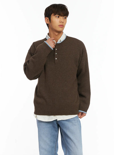 mens-contrast-henley-knit-ij514 / Dark brown
