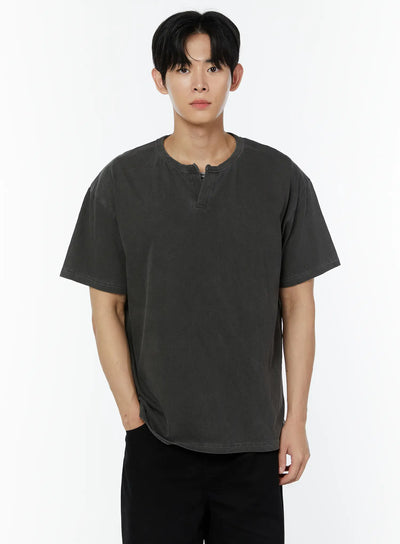 mens-pigment-washed-henley-neck-t-shirt-iu504 / Dark gray