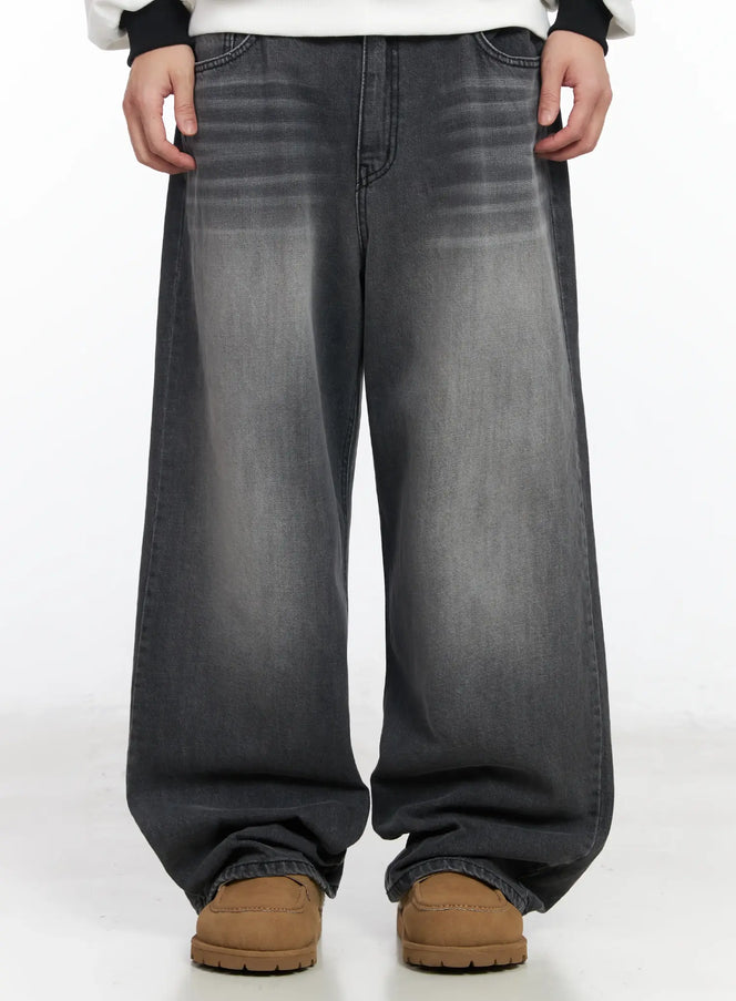 mens-washed-wide-leg-jeans-im523 / Dark gray