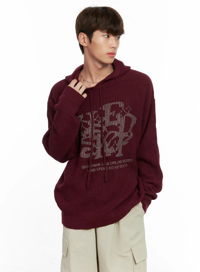 mens-letter-knit-hoodie-io506 / Dark red