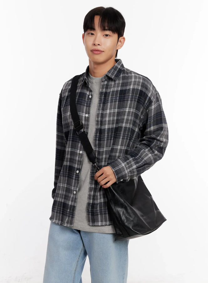 mens-casual-plaid-check-shirt-io528 / Gray