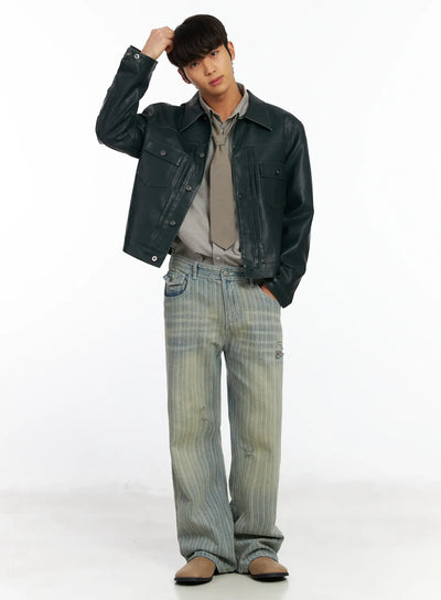 men-s-green-leather-trucker-jacket-if504 / Green