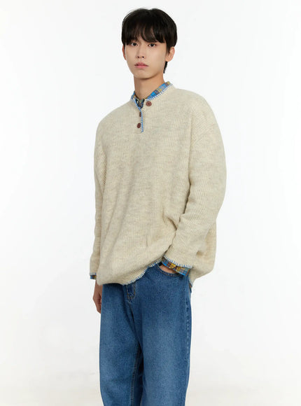 mens-henley-contrast-stitch-sweater-in503 / Light beige