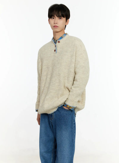 mens-henley-contrast-stitch-sweater-in503 / Light beige