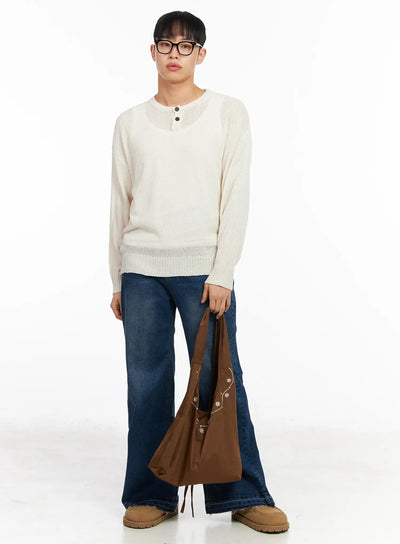mens-two-button-henley-knit-sweater-ia502 / Light beige