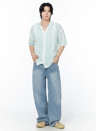 mens-striped-short-sleeve-knit-cardigan-iy525 / Mint