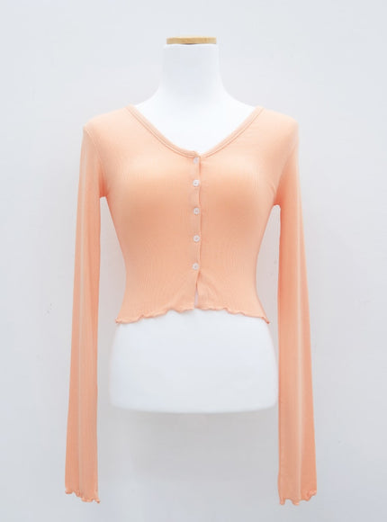 V-neck Frill Long-sleeve Cardigan T-shirt L1002