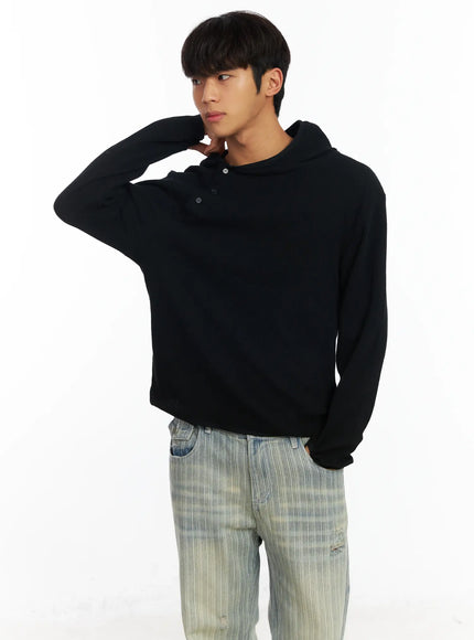 mens-waffle-knit-henley-neck-hoodie-if504 / Black