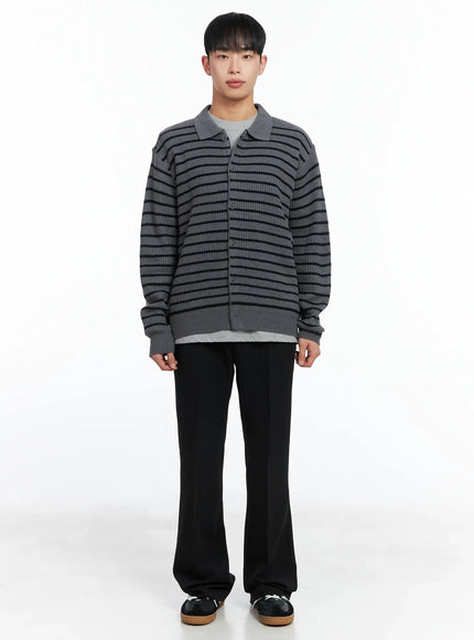 Men's Stripe Knit Collared Cardigan IN518