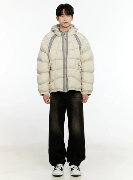 Men's Color Block Puffer Jacket (Light Beige) IO531