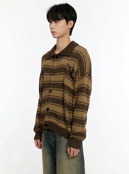 Men's Striped Distressed Collared Cardigan IN503