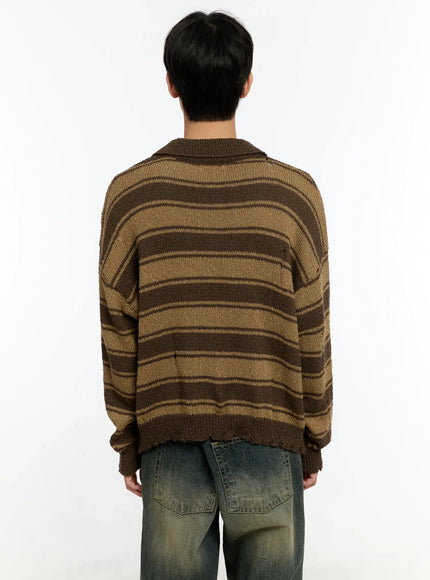 Men's Striped Distressed Collared Cardigan IN503