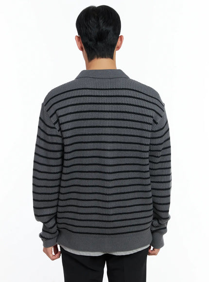 Men's Stripe Knit Collared Cardigan IN518