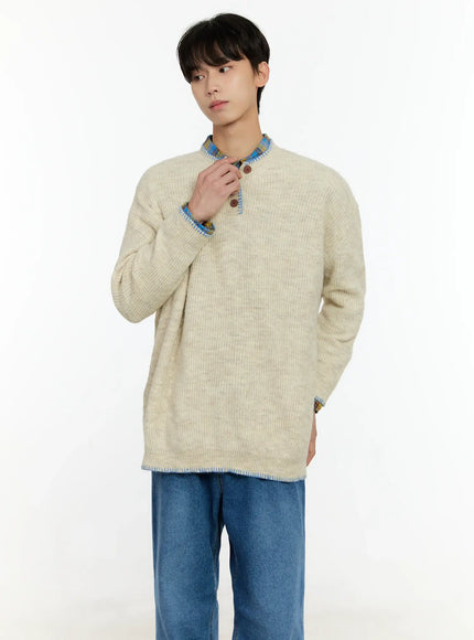 Men's Henley Contrast Stitch Sweater IN503