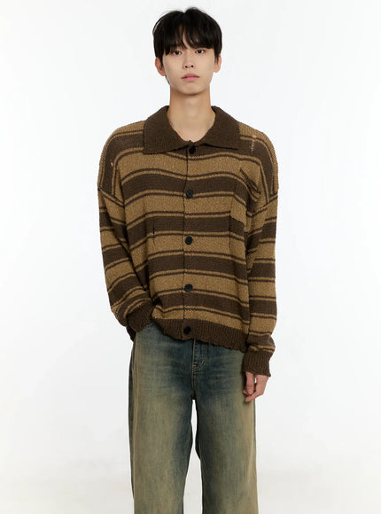 Men's Striped Distressed Collared Cardigan IN503