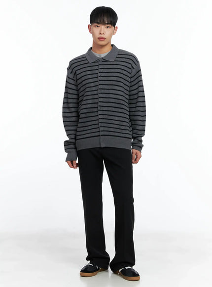 Men's Stripe Knit Collared Cardigan IN518