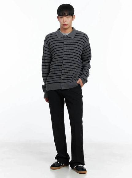 Men's Stripe Knit Collared Cardigan IN518