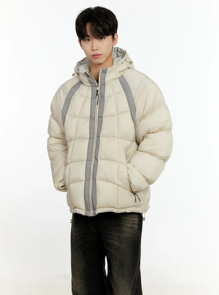 Men's Color Block Puffer Jacket (Light Beige) IO531