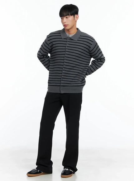 Men's Stripe Knit Collared Cardigan IN518
