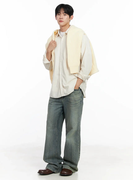 Men's Blue Washed Semi-Flared Jeans IJ521