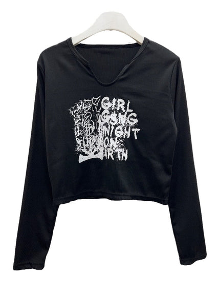 Cropped Long Sleeve T Shirt with Graphic Print K2302