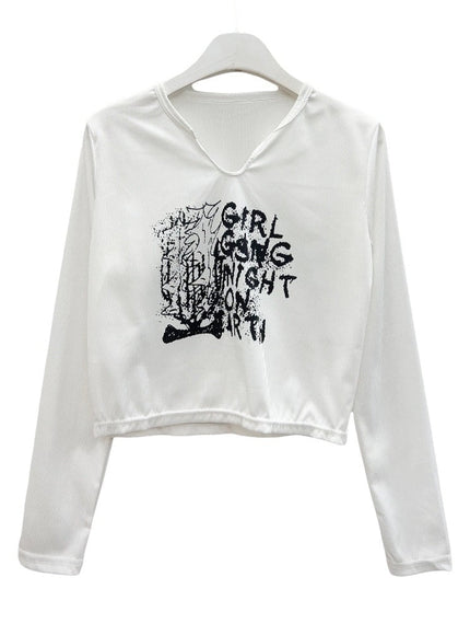 Cropped Long Sleeve T Shirt with Graphic Print K2302