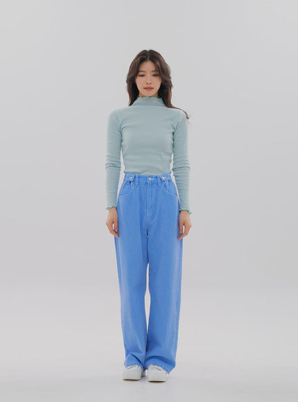 Side Button Color Wide Leg Pants F5