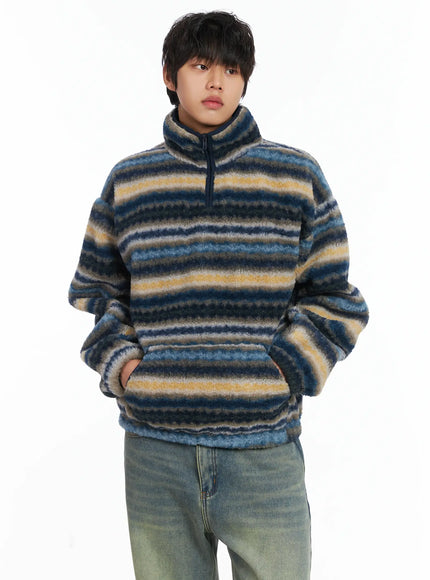 mens-warm-fleece-striped-quarter-zip-up-ij512 / Blue
