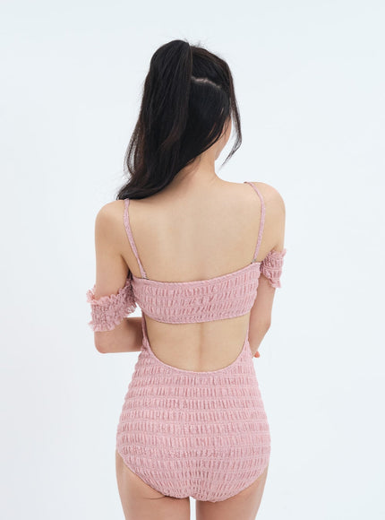 Off the Shoulder Shirring Detail One Piece Swimsuit