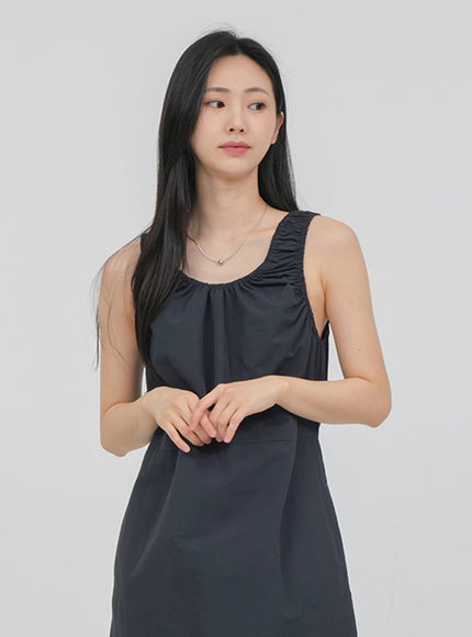 Round Neck Shirring Nylon Maxi Dress OA14