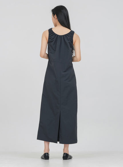 Round Neck Shirring Nylon Maxi Dress OA14