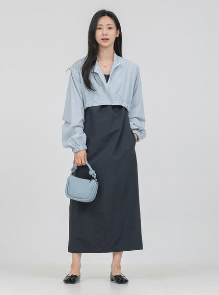 Round Neck Shirring Nylon Maxi Dress OA14