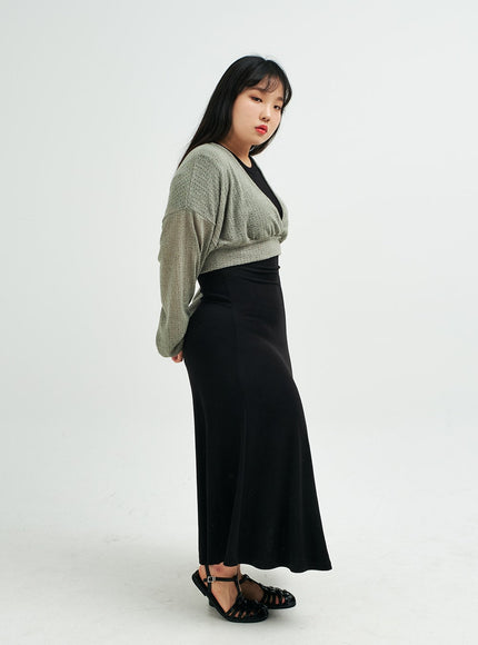 Plus Sheer Linen V-Neck Cropped Knit Top IY24