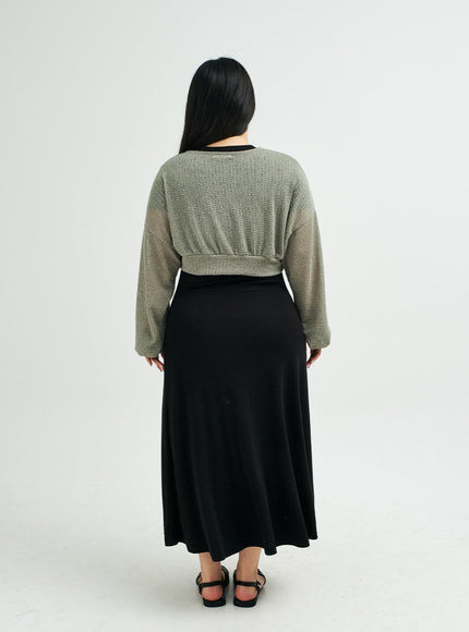 Plus Sheer Linen V-Neck Cropped Knit Top IY24