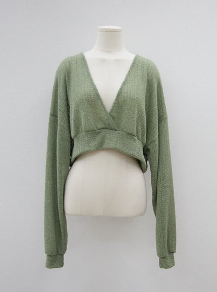 Plus Sheer Linen V-Neck Cropped Knit Top IY24