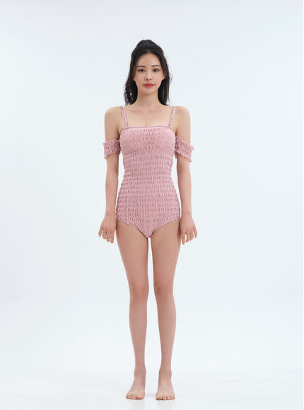 Off the Shoulder Shirring Detail One Piece Swimsuit