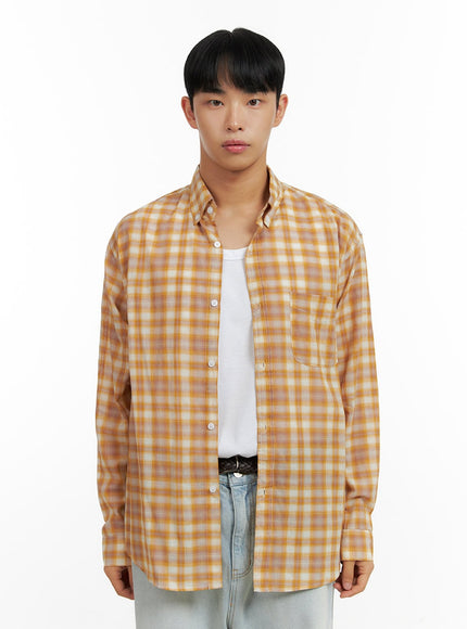 mens-checkered-collared-linen-shirt-cl429 / yellow