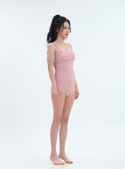 Off the Shoulder Shirring Detail One Piece Swimsuit