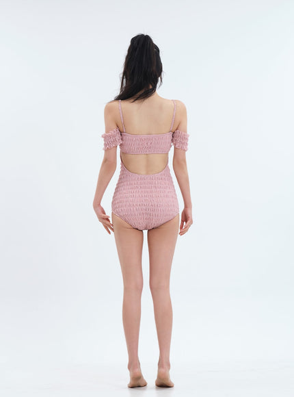 Off the Shoulder Shirring Detail One Piece Swimsuit