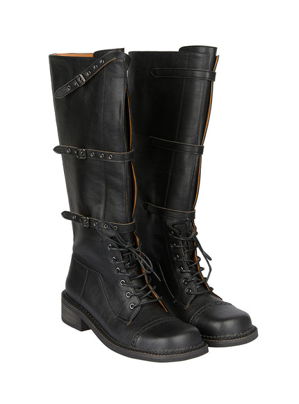 Lace-Up Buckle Faux-Leather Long Boots IF510