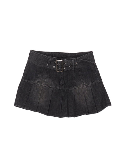 pleated-denim-buckle-mini-skirt-iy502