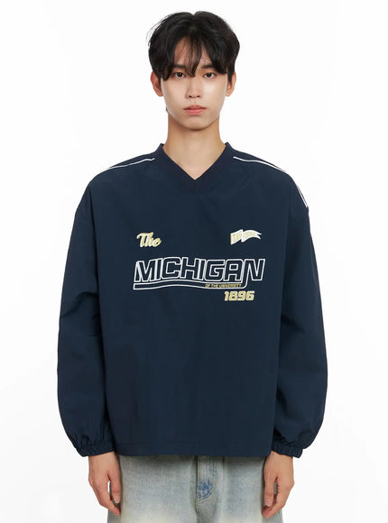Men's V-Neck Lettering Windbreak Pullover IO516